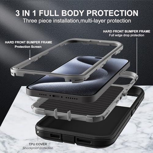 YKHJKLEC for iPhone 15 Pro Case, Military Grade 3 in 1 Heavy Duty Shockproof/Drop Proof/Dust Proof Case with 2Pcs Tempered Glass Screen Protector (Black/Grey) - color: Black/Grey