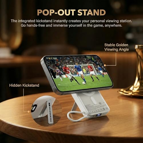 2026 FIFA Licensed 10000mAh Magnetic Power Bank with Built-in Cable and Stand, 15W Wireless Battery Pack for iPhone 17/16 Series, Apple Watch, FIFA World Cup 2026 Official Merchandise,Titanium Silver - color: Titanium Silver