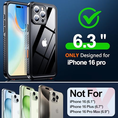 MOZOTER for iPhone 16 Pro Case Waterproof with Clear Sound | [IPX8 Underwater Case][Full Body Shockproof & Dropproof]Built-in Screen Protector for iPhone 16 Pro 6.3 inch-Black - size: For iPhone 16 Pro-6.3"