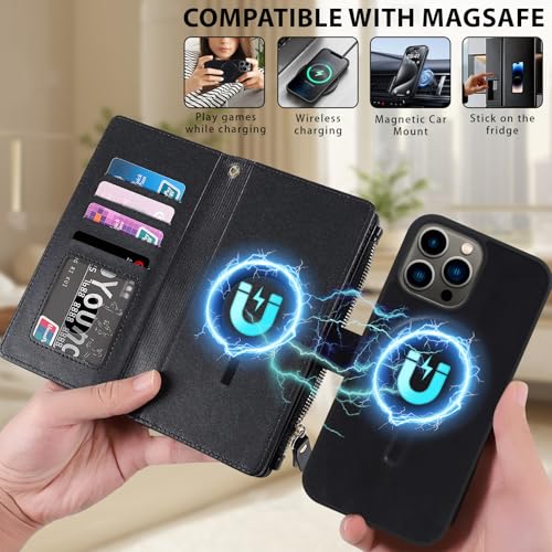 for iPhone 14 Pro Case Wallet,Compatible with MagSafe 2 in 1 Magnetic Detachable PU Leather RFID Blocking Wallet Cover Card Holder Zipper Wrist Strap Lanyard,Quilted Black - color: Quilted Black, size: iPhone 14 Pro