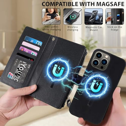 for iPhone 14 Pro Case Wallet,Compatible with MagSafe 2 in 1 Magnetic Detachable PU Leather RFID Blocking Wallet Cover Card Holder Zipper Wrist Strap Lanyard,Quilted Black - color: Quilted Black, size: iPhone 14 Pro