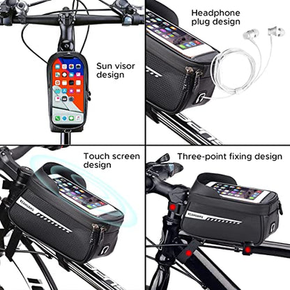 ENGWE Bike Front Frame Bag, Waterproof Bike Phone Holder Mountain Bicycle Handlebar Pouch Cycling Storage Bag with TPU Touch-Screen Sun-Visor Rain Cover for Phones under 6.5”