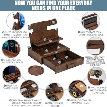 Wood Phone Docking Station for up to 3 Phones, Samsung Galaxy Watch Compatible Nightstand Organizer with Drawer for Valuables for Men & Women, Holds Phones, Tablets, Keys, Rings, Glasses, Watches, EDC