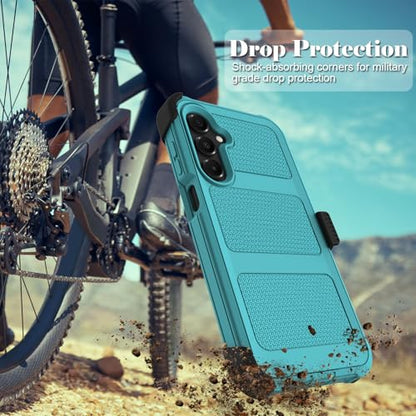 for Samsung Galaxy A16 5G Case with 2 Pack Tempered Glass Screen Protector, [Holster Series] Belt Clip Hard Tough Heavy Duty Rugged Shockproof Protective Cell Phone Case (Blue Green) - color: Blue Green