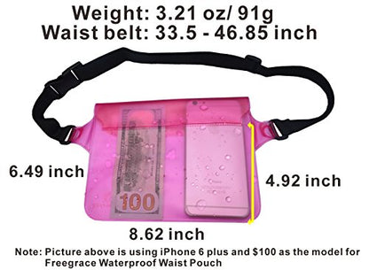 Freegrace Waterproof Pouches with Waist Strap / Pouch Case Bundle Set- Keep Your Phone & Valuables Dry and Safe - Waterproof Dry Bags for Boating Swimming Snorkeling Kayaking Beach Water Parks Pool - color: Pink & Case