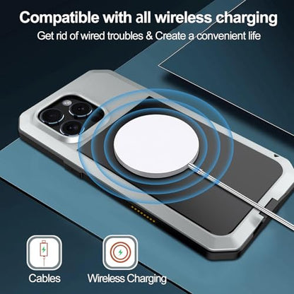 for iPhone 16 Pro Max Metal Case 6.9",Heavy Duty Shockproof Aluminum Alloy Tough Armour Military Phone Case,360 Full Body Protective Cover with Silicone Built-in Screen Protector - Silver - color: Silver