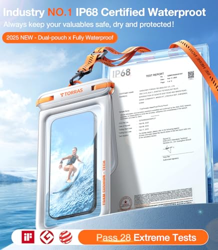 TORRAS IP68 Waterproof Phone Pouch Floating with Double Space 7.0", White | Waterproof Phone Case with Crossbody Lanyard, Phone Dry Bag for iPhone 17 Pro Max 16 S26, Beach Cruise Ship Travel Essentials - color: White