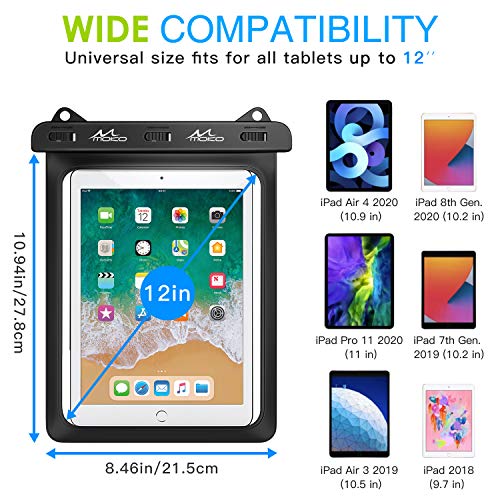 MoKo Waterproof Tablet Case, Tablet Pouch Dry Bag, Up to 12 in, Black | Compatible with iPad 10th, iPad Pro 11 2022, iPad 9/9.7/10.2, iPad Mini 6/5/4/3, iPad Air 5/4, Air 3, Galaxy Tab S6/S7 - color: Black with hand strap