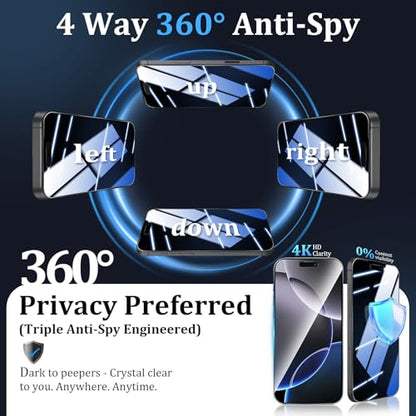 (3+2 Pack) 360° Privacy Screen Protector for iPhone 16 Pro Max 【4 Way Anti Spy】 + Camera Lens Protector,9H Shatterproof, Anti-Peep,Bubble-Free, Case Friendly Easy Installation Frame Included - size: iPhone 16 Pro Max