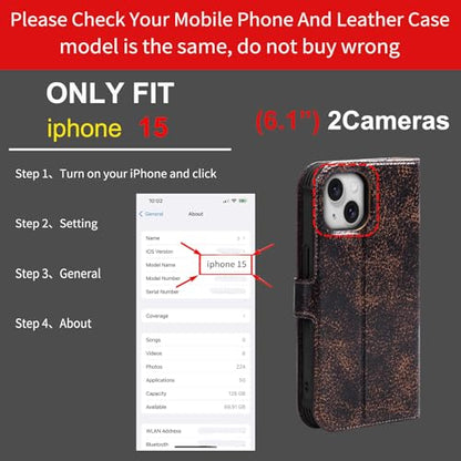 Leather Case Compatible with iPhone 15 Wallet 6.1" | Genuine Leather 2-in-1 Magnetic Detachable Shockproof,Flip Folio Cover with Card Slot,RFID Blocking Brown Coffee - color: Brown Coffee, size: 15