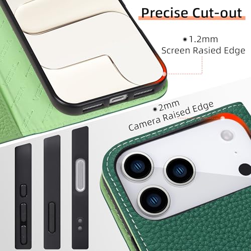 VISOUL Pebbled Leather Wallet Case for iPhone 17 Pro Max 6.9" 2025, Genuine Leather Flip Folio Cover with RFID Blocking Card Holders, Kickstand, Soft TPU Protective Flip Cover -Dark Green+Green - color: Dark Green+Green