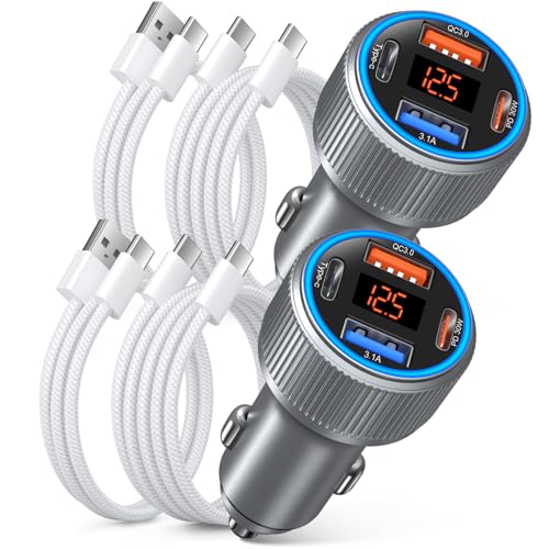 USB C Car Charger, 65W 4-Port 12V USB Car Power Cigarette Lighter Adapter - color: Gray, size: 2-Pack