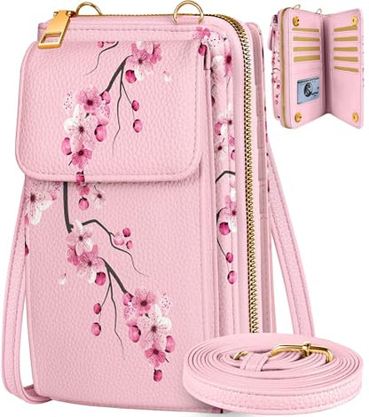 Leather Cell Phone Purse Crossbody Bag for Women | Adjustable Shoulder Strap, Card Slots, Secure Wallet Interior, Cute Pattern Styles, Small Carry for Travel and Daily Use - color: Peach Blossom