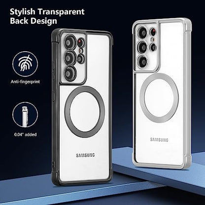 RALEAVO Magnetic Case for Samsung Galaxy S21 Ultra Clear Case Cover [Compatible with Magsafe & Military Grade Drop Protection] Transparent Shockproof Slim Plated Phone Case - Black - color: Black, size: S21 Ultra