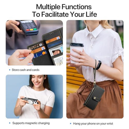 for iPhone 17 Pro Wallet Case, Detachable Magnetic Phone Case | Compatible with Magsafe, RFID Blocking, PU Leather Flip Folio Case, Wrist Strap Wallet Case, Zipper Coin Pocket - color: Black, size: iPhone 17 Pro