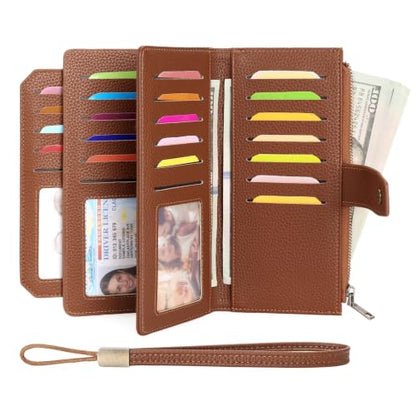 GAEKEAO Womens Wallet RFID Blocking Large Capacity Vegan Leather Card Holder Wristlet Clutch with 32 Card Slots 4 ID Windows - color: X05-Brown