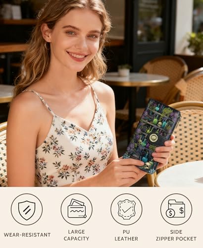 GIANCOMICS Goth Book Shelf Womens Wallet RFID, Credit Card Holder Bifold | Billfold, Cute Cash Purse, Travel Zipper Coin Pocket, Compact Clutch, PU Leather, ID Window, 11 Card Slots, Ladies Gift Woman - color: Bookshelf Skulls