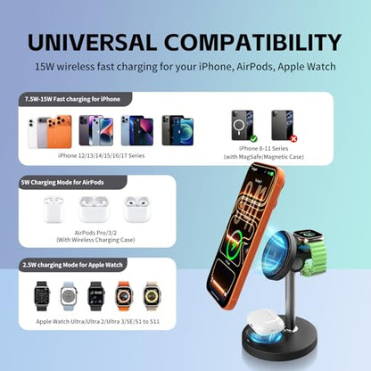 3-in-1 Magnetic Wireless Charger, 15W for iPhone/Watch/AirPods - color: black