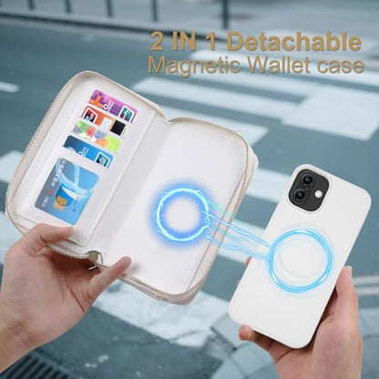 Harryshell Compatible with iPhone 17 Case Wallet Multi Zipper Detachable Removable Cover Purse with RFID Blocking Card Slots Holder Mirror Crossbody Strap (Compatible with Magsafe - White) - color: Compatible with Magsafe - White, size: iPhone 17