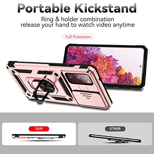 for Samsung Galaxy S20 FE 5G Case with Camera Lens Cover HD Screen Protector, Military-Grade Drop Tested Magnetic Ring Holder Kickstand Protective Phone Case for Samsung Galaxy S20 FE 5G (Rose Gold) - color: Rose Gold with camera cover Military-Grade 2nd