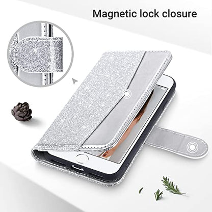 ULAK for iPhone SE 3(2022)/SE(2020)/8/7 Wallet Case Card Holder, Silver | Premium PU Leather Flip Case with Kickstand Card Slots,RFID Blocking,Wrist Strap, Durable Shockproof Cover 4.7 Inch - color: Silver
