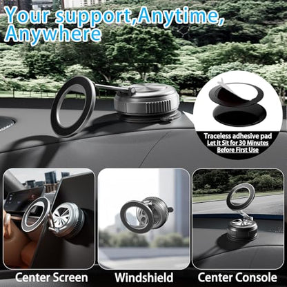 Car Phone Holder for Magsafe, 360° Adjustable Foldable Car Mount [108LBS Strongest Suction & 2800gf Magnetic] Portable for Car/Gym/Mirror Mount/Daily Stand for iPhone and All Smartphones, Black