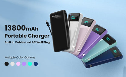 Portable Charger for iPhone with Built-in Cables and Wall Plug,Upgraded 13800mAh Fast Charging USB C Power Bank,4 Outputs Slim Travel Essential Battery Pack for iPhone 17/16/15/14/13,Galaxy,Android - color: Black