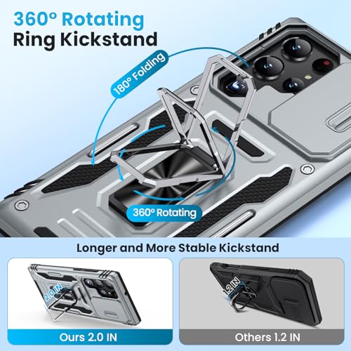 for Samsung Galaxy S22 Ultra Case with 2 PCS HD Screen Protector, Military Grade Protection Metal 360 ° Rotating Ring Kickstand Slide Camera Cover, Shockproof for Galaxy S22 Ultra Case, Gray | 2 PCS HD Screen Protector, Magnetic Metal 360 ° Rotating Kicks