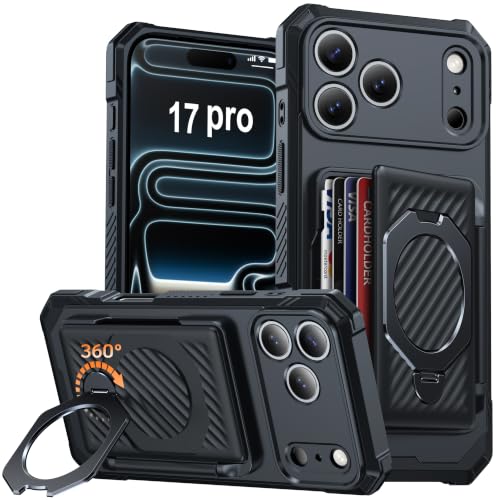 for iPhone 17 Pro Wallet Case With 4-5 Card Holder, 360° Stand - color: Black, size: iPhone 17 Pro