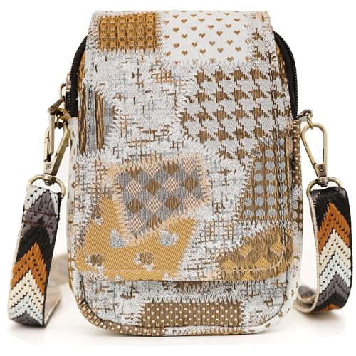 SILKAREA Embroidered Cute Mini Crossbody Bag for Women Small Handbags Wristlet Wallet Bag Cell-phone Pouch Coin Purse - color: Spliced Brown