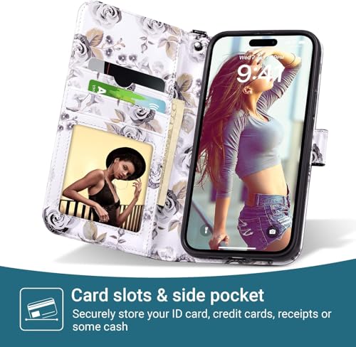 ULAK Compatible with iPhone 16 Pro Wallet Case Card Holder, Black Flower | [RFID Blocking] PU Leather Case with Kickstand Card Slots Wrist Strap, Durable Shockproof Protective Cover 6.3 Inch - color: Black, size: iPhone 16 Pro - 6.3 inch
