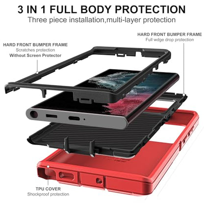 for Samsung Galaxy S22 Ultra Case with Self Healing Flexible TPU Screen Protector [2 Pack], 3 in 1 Full Body Shockproof Heavy Duty Case for Samsung S22 Ultra 5G (Red/Black) - color: Red/Black