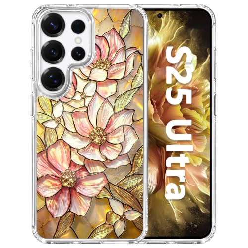 for Samsung Galaxy S25 Ultra Magnetic Case【Compatible with MagSafe】 Aesthetic Vintage Stained Glass Bloom Flower Design, Slim Fit Hard PC Back Shockproof Clear Phone Cover, Amber Peony - color: Amber Peony, size: Galaxy S25 Ultra