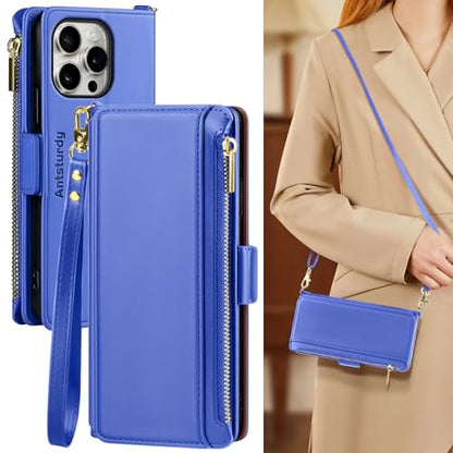 Antsturdy Crossbody Phone Wallet Case for iPhone 15 Pro,Purple Blue | RFID Blocking,PU Leather Flip Cover,Kickstand,with Credit Card Holder,Wrist Strap Lanyard & Handbag Purse,for Women & Men - color: (Crossbody) - Purple Blue
