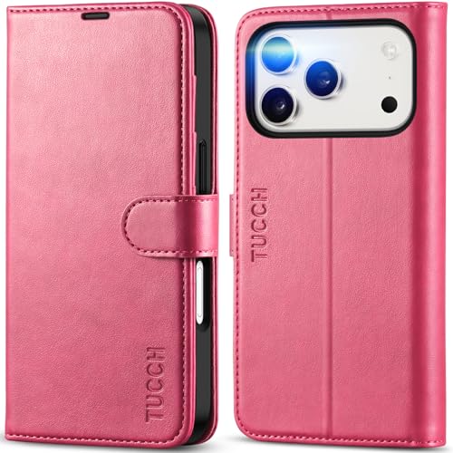 TUCCH Wallet Case for iPhone 17 Pro (6.3") 2025, Flip Stand, Hot Pink | RFID Blocking, 4 Card Holders, Kickstand, PU Leather, Shockproof TPU Shell, Magnetic Closure, Protective Folio Cover - color: Hot Pink