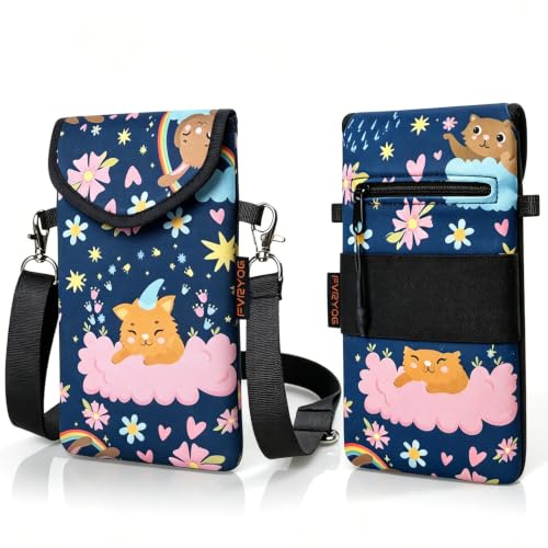 Neoprene Phone Sleeve Pouch Case Bag for Men Women w/Crossbody Strap/Neck Lanyard for iPhone 17/16/15/14 Pro Max, Samsung S25，Pixel 10 - color: Dreamy Kitty
