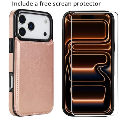 for iPhone 17 Pro Max Wallet Case with Screen Protector, Slim PU Leather Protective Case with Card Holder[RFID Blocking] Kickstand Cover 6.9“-Rose Gold - color: Rose Gold