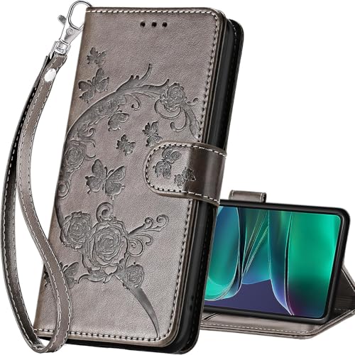 for Motorola Moto G Stylus 5G 2025 Wallet case, Gray Flower | 3 Card Holders, Kickstand, Shockproof TPU Shell, PU Leather, Magnetic Closure, Protective Flip Folio Cover, Women - color: 9
