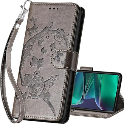 for Motorola Moto G Stylus 5G 2025 Wallet case, Gray Flower | 3 Card Holders, Kickstand, Shockproof TPU Shell, PU Leather, Magnetic Closure, Protective Flip Folio Cover, Women - color: 9