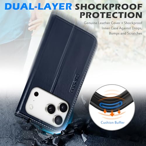 SHIELDON Genuine Leather Case Wallet for iPhone 17 Pro Max, Retro Dark Blue | Folio Design, Magnetic Closure, RFID Blocking, Credit Card Holder, Kickstand, Shock Absorbing Protective Cover - color: Retro Dark Blue