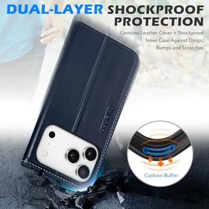 SHIELDON Genuine Leather Case Wallet for iPhone 17 Pro Max, Retro Dark Blue | Folio Design, Magnetic Closure, RFID Blocking, Credit Card Holder, Kickstand, Shock Absorbing Protective Cover - color: Retro Dark Blue