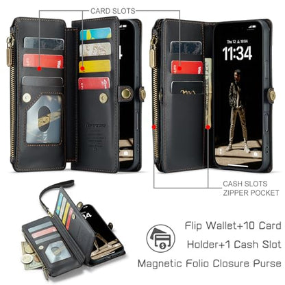 Defencase for iPhone 16 Pro Max Wallet Case with RFID Card Holder, Black | Durable Soft PU Leather, with Zipper Pocket, Wrist Strap, Fashion Snap Flip Phone Cases Cover with Stand for Women and Men - color: Black