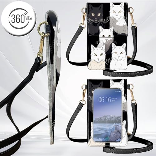 for Women Cell Phone Purse,with Touchscreen Cell Phone Purse,PU Leather Shoulder Bag Waterproof Phone Wallet Case with Clear Touch Screen Window up to 6.7 inch Smartphone, - color: Black White Cute Cats-203
