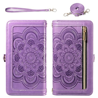 Asuwish Phone Case for iPhone 15 Pro 6.1 inch Zipper Wallet Magnetic Detachable Cell Cover with Tempered Glass Screen Protector Crossbody Strap Flower Card Holder Slot i Phone15 i15 15Pro Women Purple - color: Purple