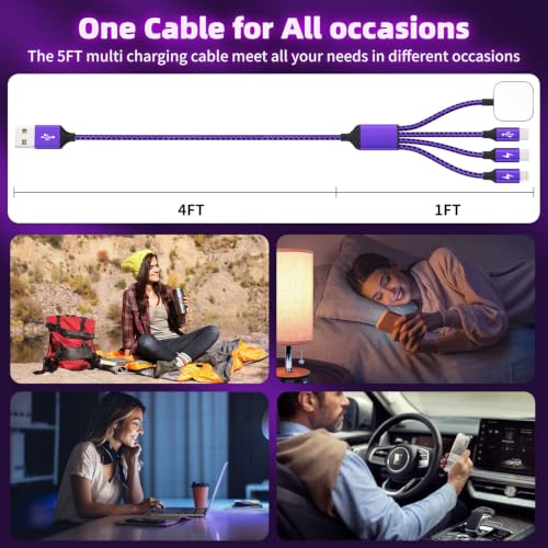 Travel Essentials 4in1 Multi Charging Cable for iPhone Watch Charger 3PK5FT - color: Bright Purple&Black, size: AC to 2C+L+iWatch