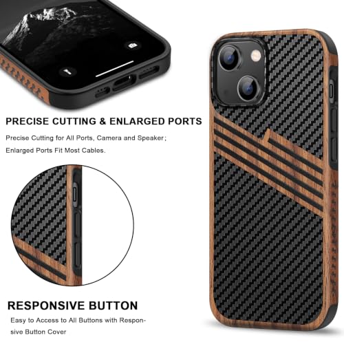 TENDLIN Magnetic Case Compatible with iPhone 15 Case Wood Grain with Carbon Fiber Texture Design Leather Hybrid Slim Cover (Compatible with MagSafe) Three Stripe - color: Magnetic Three Stripe, size: iPhone 15