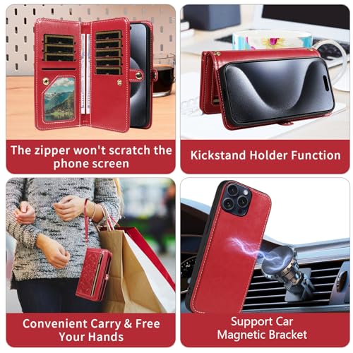 Asuwish Phone Case for iPhone 15 Pro 6.1 inch Zipper Wallet Detachable Cell Cover with Tempered Glass Screen Protector Wrist Strap Mandala Flower Credit Card Holder i Phone15 i15 15Pro Women Men Red - color: Red