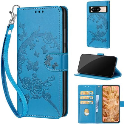 Wallet Case for Google Pixel 8, Blue Flower | Women Flip Folio Cover, Embossed PU Leather, Stand, Credit Card Holders Slots, Wrist Strap - color: 5