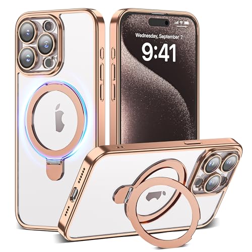 Compatible with iPhone 15 Pro Max Case with Magnetic Ring Stand [Camera Len Protectors][Compatible with Mag-Safe] Clear Plating Phone Case for iPhone 15 Pro Max 6.7",Desert Gold - color: Desert Gold, size: iPhone 15 Pro Max