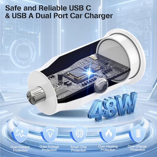 48W USB C Car Charger, Dual Port USB-C & USB-A Car Fast Charging Adapter - color: White, size: 3ft